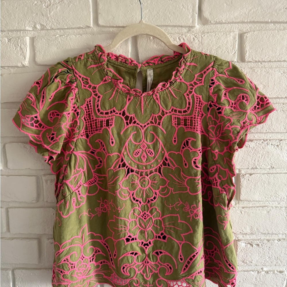 Anthropologie Olive and Pink Embroidered Blouse